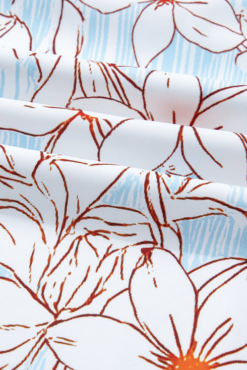 Pinstripe Floral Outline Ruffled Split Neck Long Sleeve Mini Dress